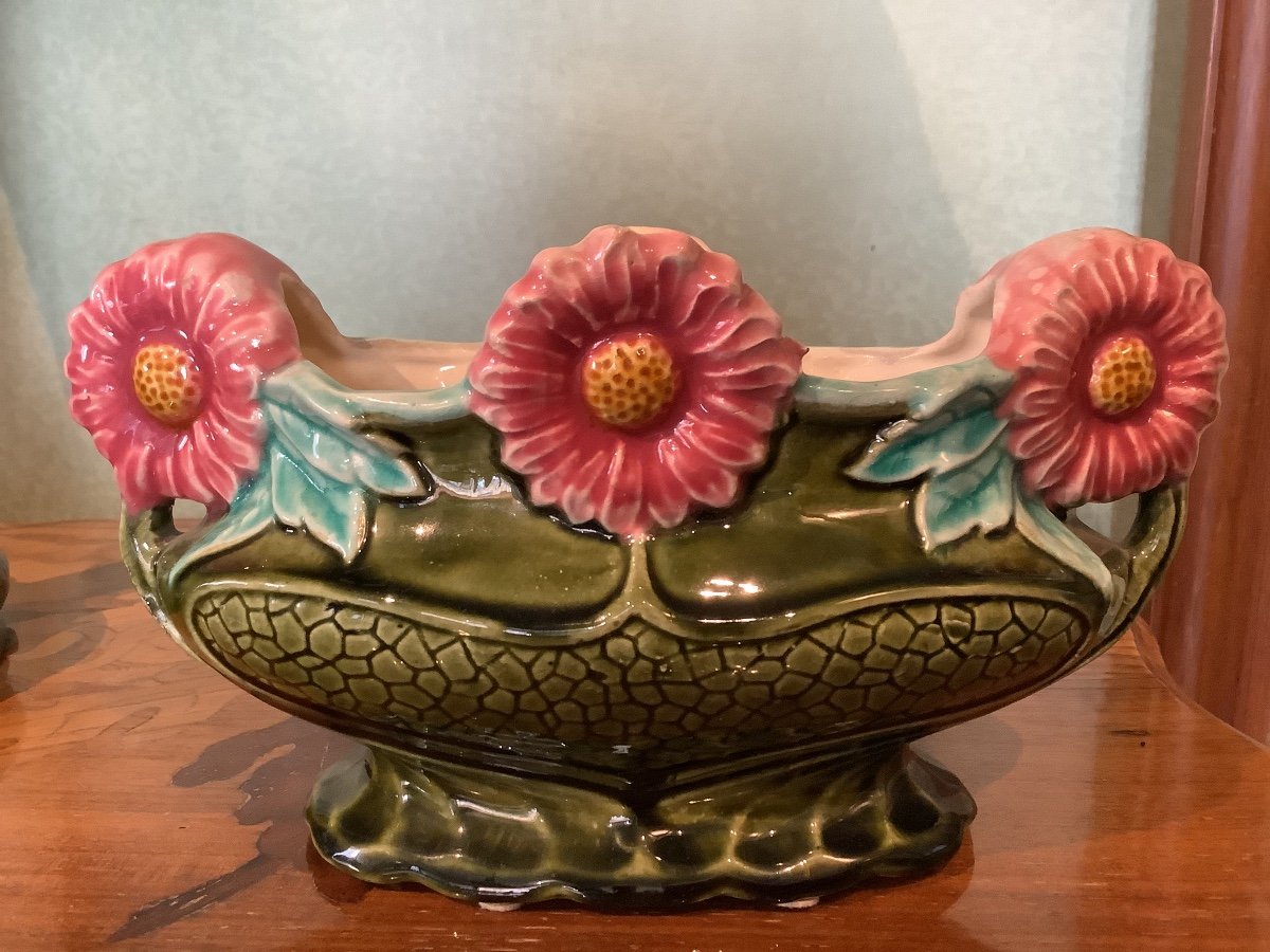 Vase Ancien Gien Art Nouveau, Motif Chrysanthème Et Muguet, France, Céramique Blanche